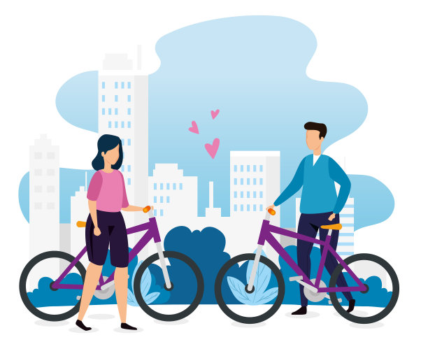 建筑物城市场景与夫妇在自行车图片下载