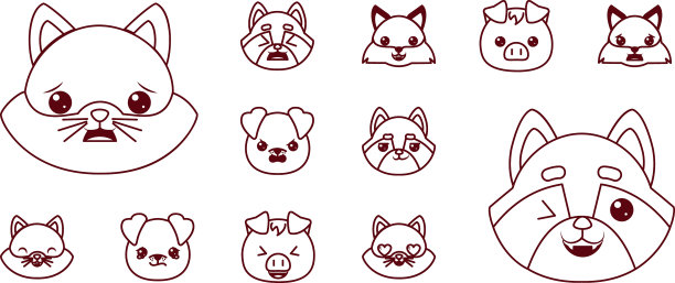 可爱可爱的动物卡通线条风格的图标集图片下载