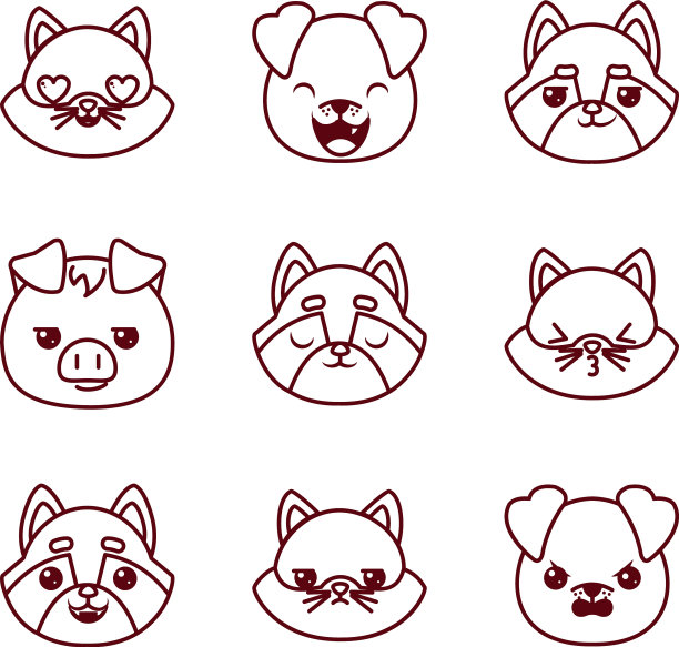 可爱可爱的动物卡通线条风格的图标集图片下载