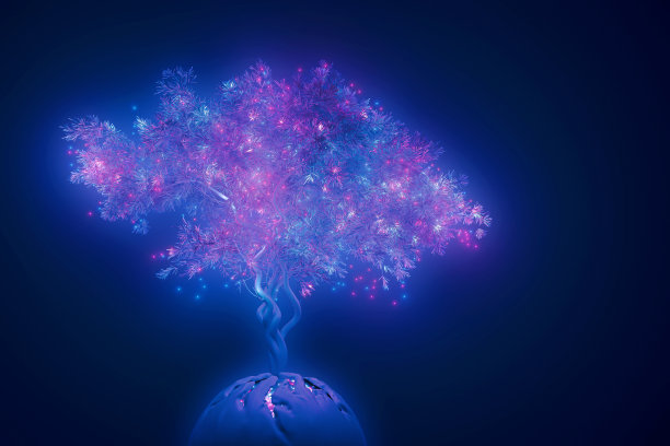 抽象的霓虹背景，神秘的太空星球，树在粉红色的蓝色紫外线光下发芽，发光的玩具悬挂在树枝上，3d插图与复制空间图片下载