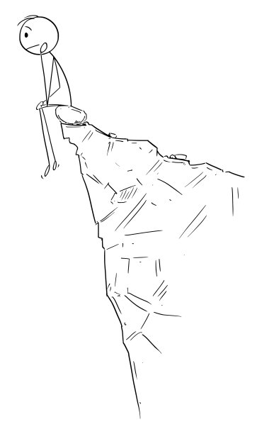 矢量卡通插图的悲伤，沮丧的人坐在和思考在悬崖或深渊的边缘图片下载