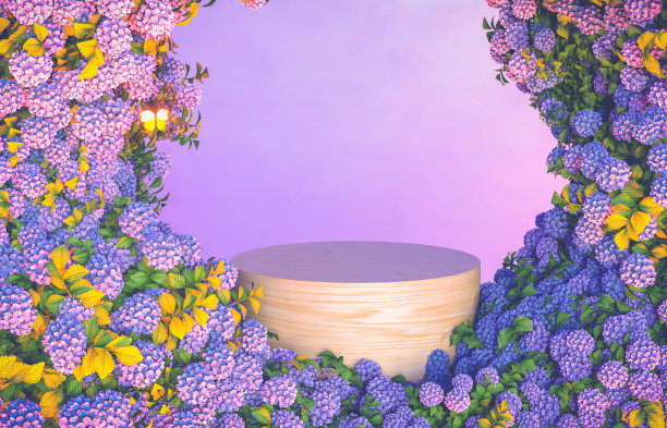 空的木制讲台背景与绣球花的背景。图片下载