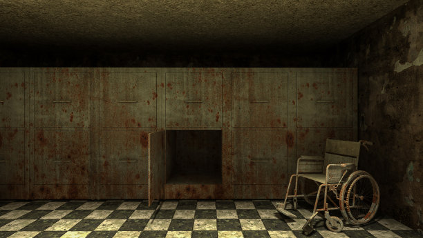 恐怖和令人毛骨悚然的太平间与轮椅在医院图片下载