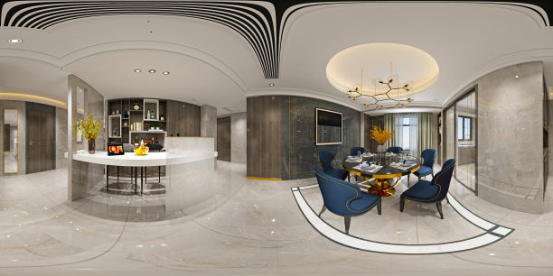 360度现代客厅和餐厅。3D渲染。图片下载