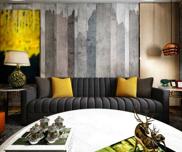 现代客厅和餐厅。3D渲染。图片下载