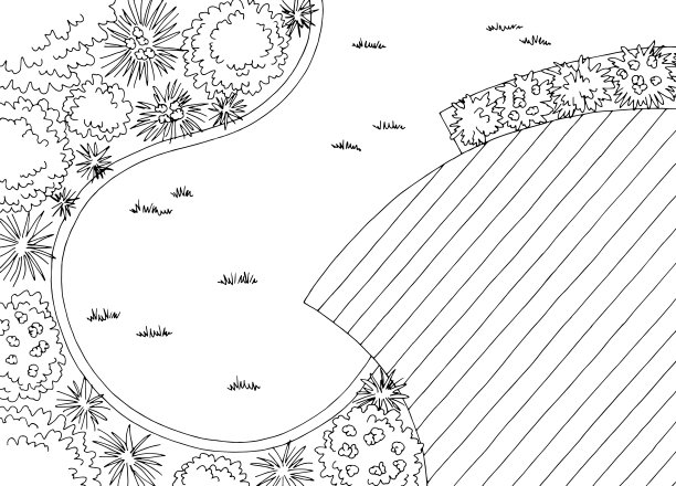 园林景观建筑师设计后院平面图形黑白草图鸟瞰图矢量图片下载