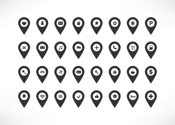 地图指针简单黑针矢量图标集。地理标签位置点与家，银行，交通，旅游，城市，社交媒体符号孤立在白色。矢量插图的web，应用程序，信息图表图片下载