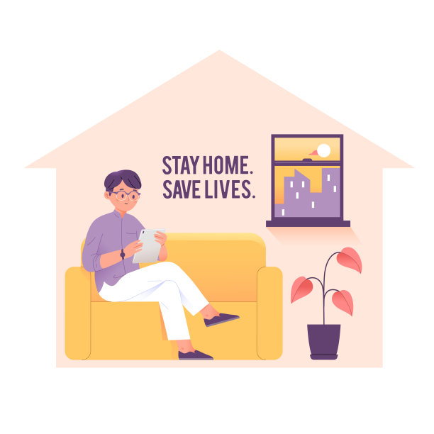 在冠状病毒爆发期间，男性使用电子手机平板电脑进行居家隔离图片下载