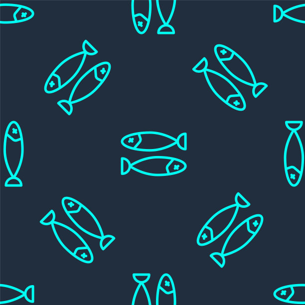 绿线干鱼图标孤立无缝模式上的蓝色背景。矢量图图片下载