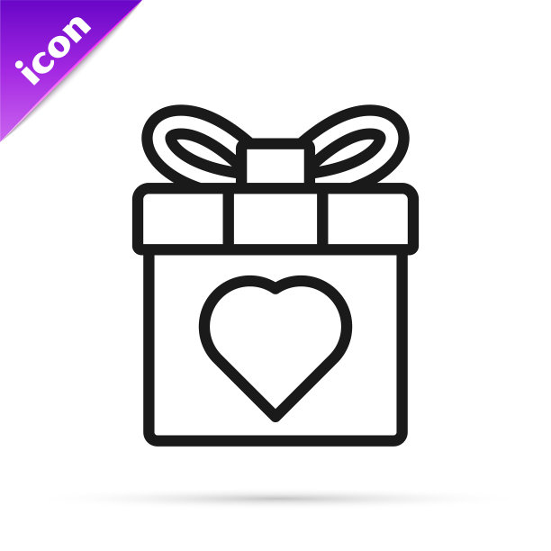 礼品盒上的黑线与心形图标隔离图片下载