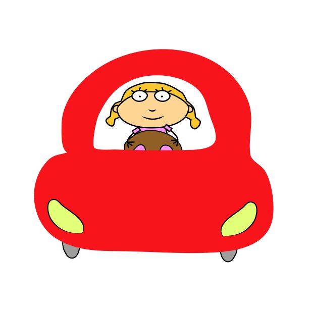 坐在红色轿车里的女人。插图运输，概念，手写暗喻向量颜色图片下载
