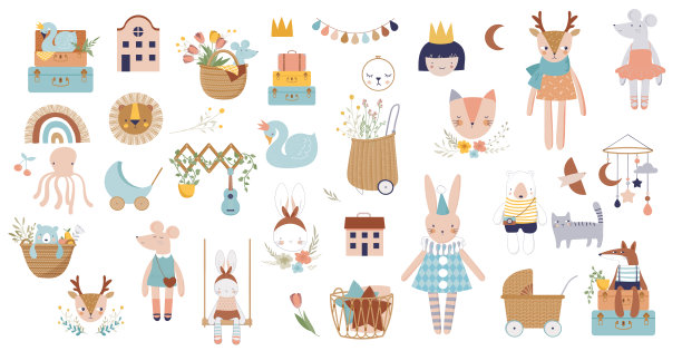 时髦的婴儿和儿童图标，贴纸，纹身。复古风格。矢量插图图片下载