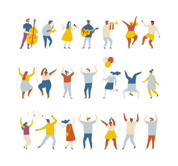 矢量党扁平化的人。快乐的人跳舞。生日图片下载