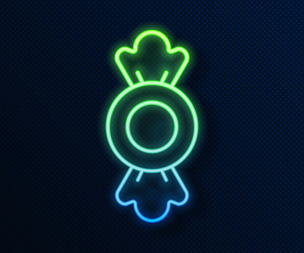 发光的霓虹线糖果图标孤立在蓝色背景。向量图片下载