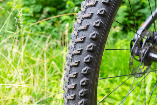 越野滑雪在大自然。山地车后轮与强大的踏在绿色的自然背景图片下载