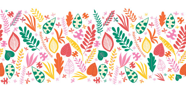 叶无缝矢量边界。摘要秋叶绿红黄橙重复图案。手绘叶片自然边框。重复水平插图织物装饰，丝带，感恩节图片下载