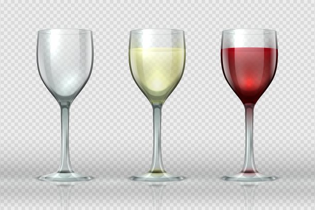 现实的酒杯。为美食家准备的配红、白葡萄酒的酒杯。3D空孤立的玻璃杯上透明的背景图片下载