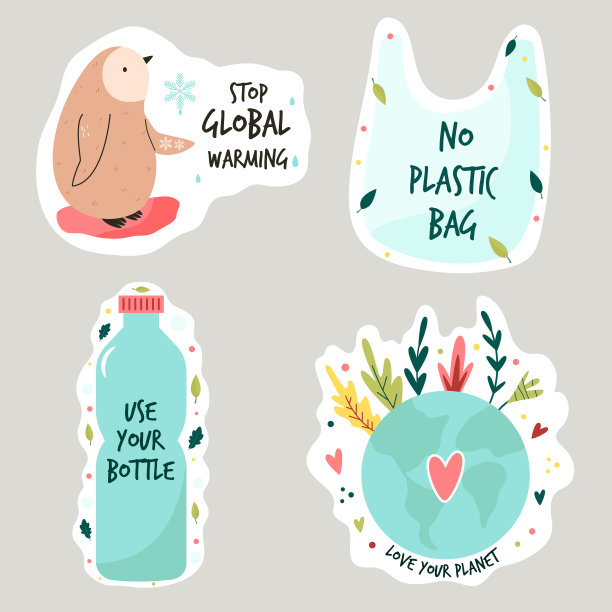 一套彩色环保标语及插图贴纸。图片下载