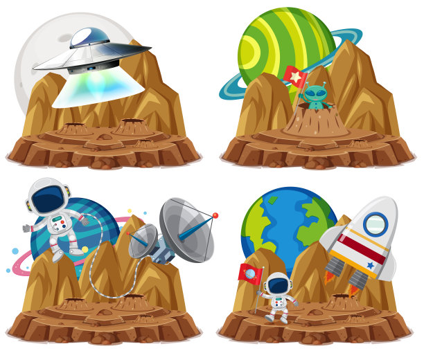 一组宇航员与不明飞行物在星球卡通风格的白色背景图片下载