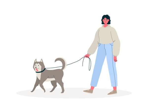 年轻女子在户外遛狗，健康积极的生活方式。彩色平面卡通矢量插图服务的宠物保姆，沃克，兽医诊所，宠物护理，医院，狗收容所。图片下载