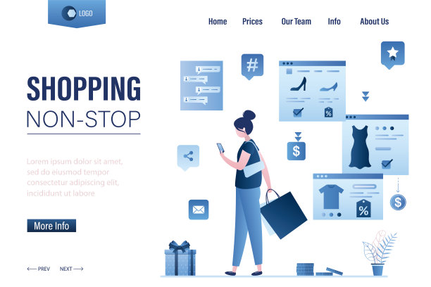 购物不停歇登陆页面模板。美女看时尚商品，用手机购物。图片下载