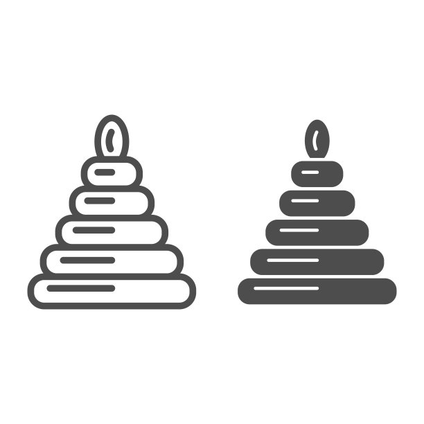 金字塔玩具系列和实心图标，儿童玩具概念，白色背景上的儿童益智玩具标志，用于移动和网页设计的塑料堆叠环玩具轮廓样式图标。矢量图形图片下载