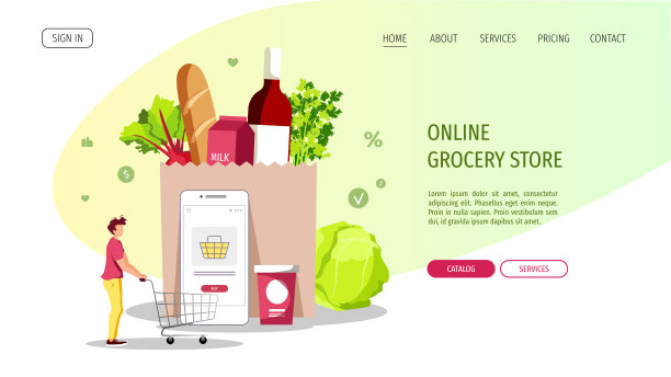 年轻人推着手推车，杂货和智能手机。杂货店，网上市场，送货上门，购物概念。图片下载