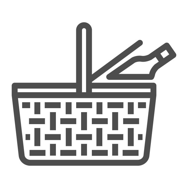 食品篮线图标，野餐概念，野餐篮标志在白色的背景，柳条野餐篮与产品图标轮廓风格的移动概念和网页设计。矢量图形。图片下载