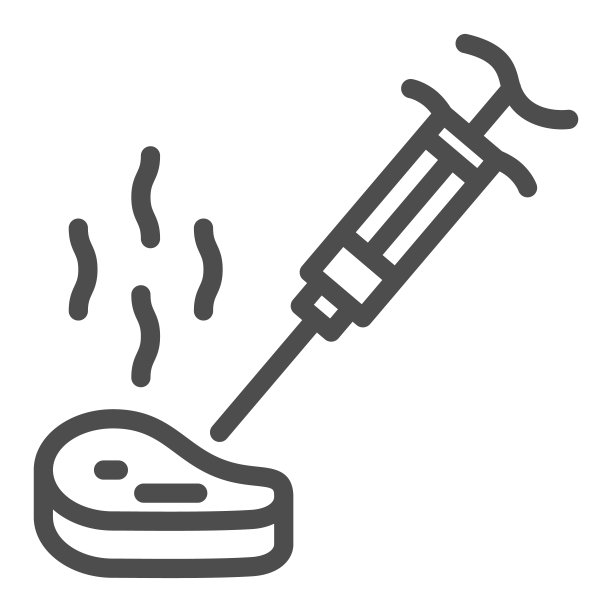 一块肉与注射器线图标，野餐的概念，厨房注射器在白色背景上的标志，牛排与注射器图标在轮廓风格的移动，网页设计。矢量图形。图片下载