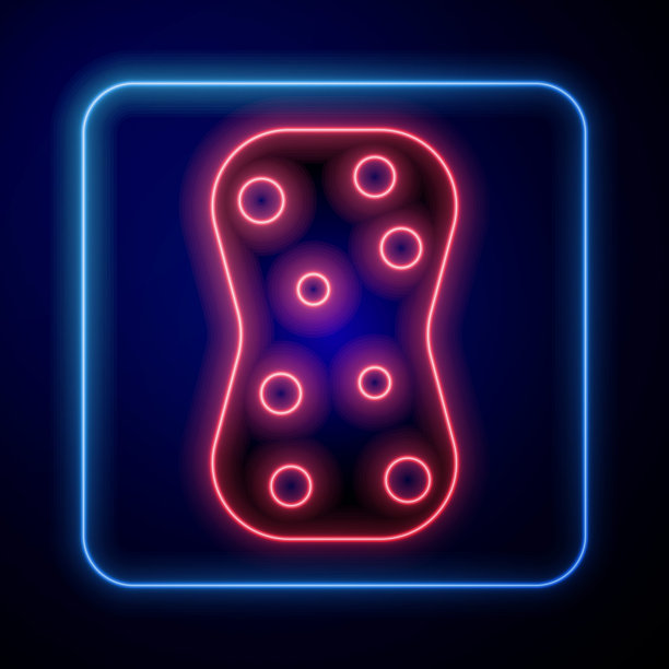 发光霓虹灯海绵泡沫图标孤立在蓝色背景。一缕洗碗用的韧皮。清洁服务的标志。矢量图图片下载