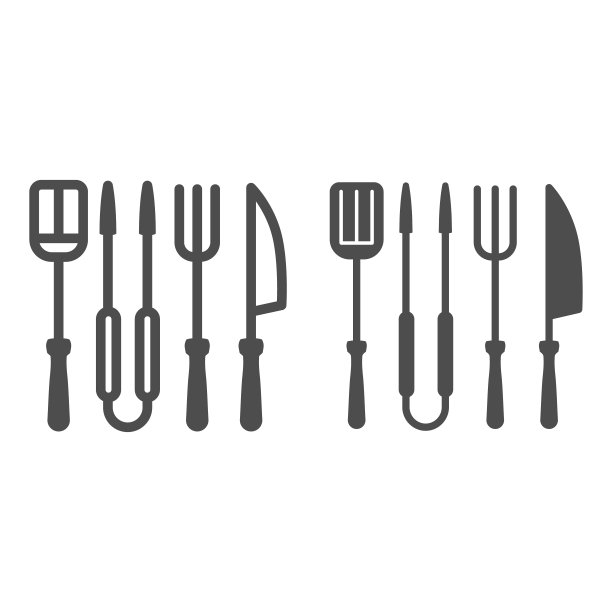 烧烤架设置线和固体图标，烧烤概念，烤烧烤工具标志在白色背景，抹刀，叉，钳和刀的轮廓风格的移动概念和网页设计图标。矢量图形。图片下载