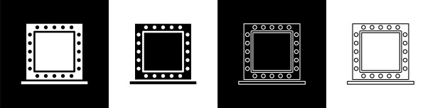 设置化妆镜与灯光图标隔离在黑白背景上。矢量图图片下载