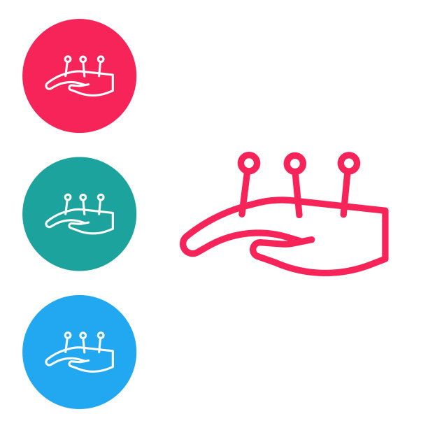 红线针疗手的图标孤立在白色背景上。中药。整体疼痛管理治疗。在圆形按钮中设置图标。向量图片下载