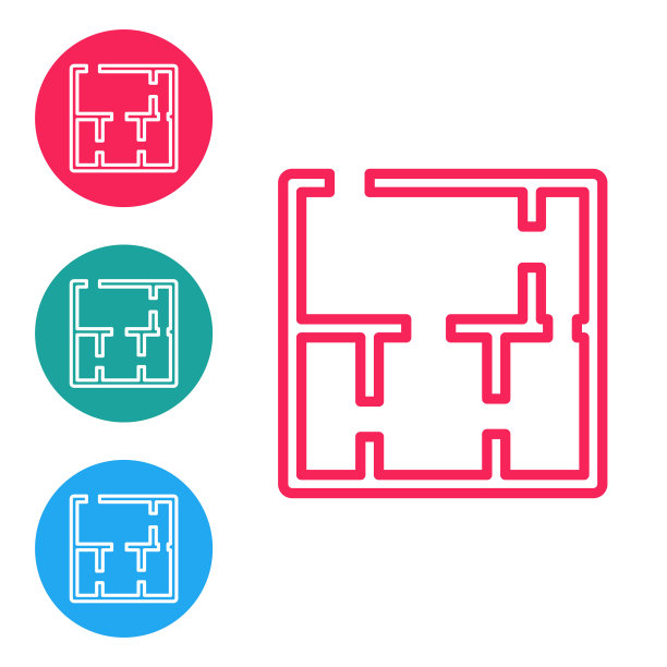 红色线房子计划图标孤立在白色背景上。在圆形按钮中设置图标。向量图片下载