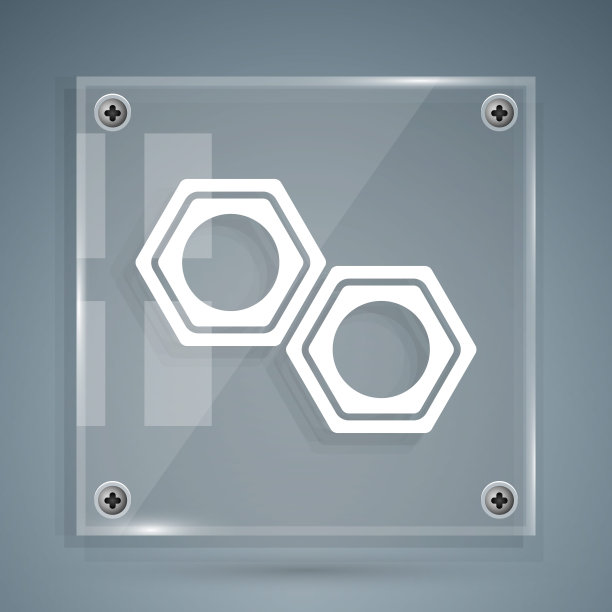 白色六角金属螺母图标孤立在灰色背景。方形玻璃面板。矢量图图片下载