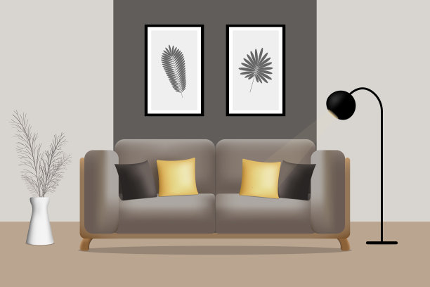 客厅舒适的内部。灰色的沙发，有黄色和深灰色的枕头图片下载