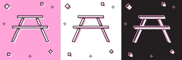 设置野餐桌与长凳在桌子的两边，图标孤立在粉红色和白色，黑色的背景。矢量图图片下载