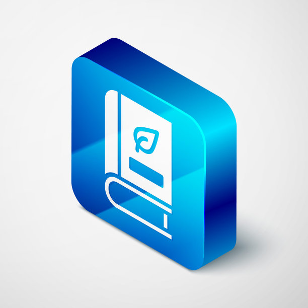 等距医学书籍与叶图标孤立在灰色背景。蓝色方块按钮。向量图片下载