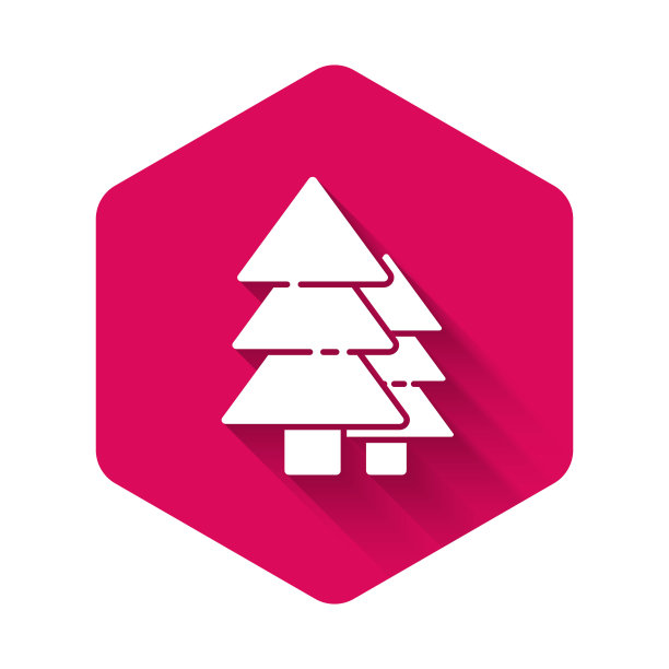 白色的树图标孤立与长影子。森林的象征。粉红色的六角按钮。矢量图图片下载