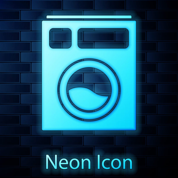 发光的霓虹灯洗衣机图标孤立在砖墙背景上。洗衣机图标。洗衣机-洗衣机。家电的象征。矢量图图片下载