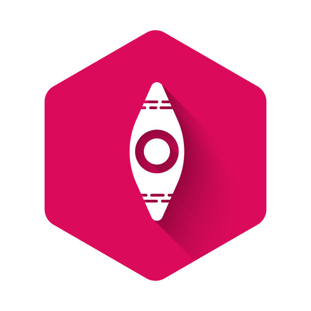 白色皮艇和桨图标孤立与长影子。用于钓鱼和旅游的皮划艇和独木舟。户外活动。粉红色的六角按钮。矢量图图片下载