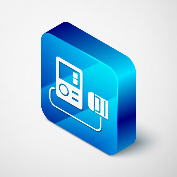 灰色背景上孤立的等距血压图标。蓝色方块按钮。矢量图图片下载