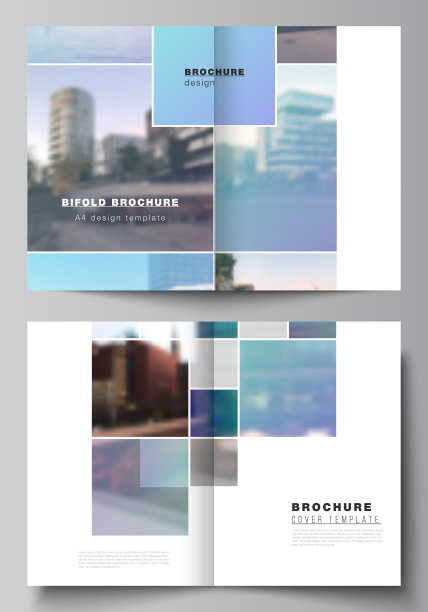 矢量布局的两个A4格式封面模型模板双折宣传册，传单，杂志，封面设计，书设计，宣传册封面。抽象的设计项目，几何风格与蓝色方块图片下载