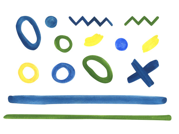 一组抽象的装饰元素。十字，条纹，之字形，斑点。黄、绿、蓝。插图用水粉颜料。在白色背景上剪贴画。一套用于装饰的图片集。图片下载