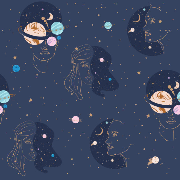 无缝模式与行星和女性面部肖像。图片下载