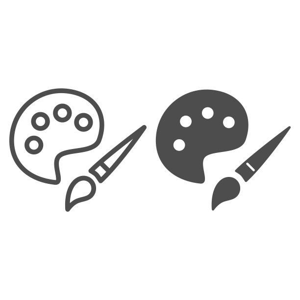 油漆和笔刷线条和固体图标，绘图概念，油漆笔刷与调色板标志在白色背景，木制调色板与油漆和笔刷图标轮廓风格的移动概念和网页设计。图片下载