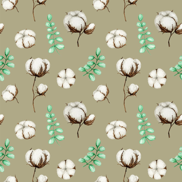 水彩棉花枝无缝图案。植物手绘生态产品插图。棉花花的芽球在复古风格。绿叶，植物球自然织物纹理设计图片下载