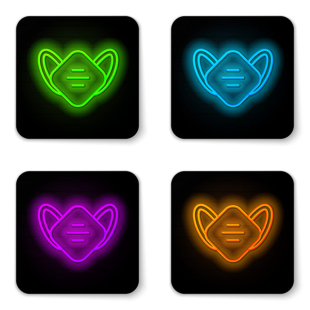 发光的霓虹线医用防护口罩图标隔离在白色背景上。黑色方形按钮。向量图片下载