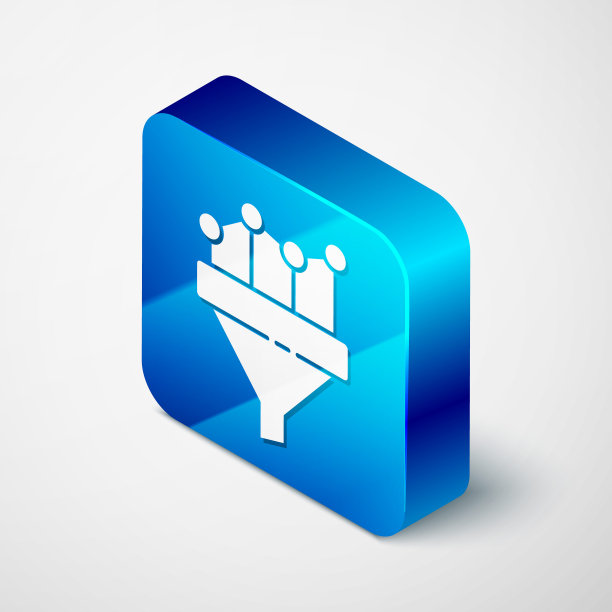 带有市场营销图表的等距销售漏斗和灰色背景上孤立的初创企业图标。信息图表模板。蓝色方块按钮。矢量图图片下载