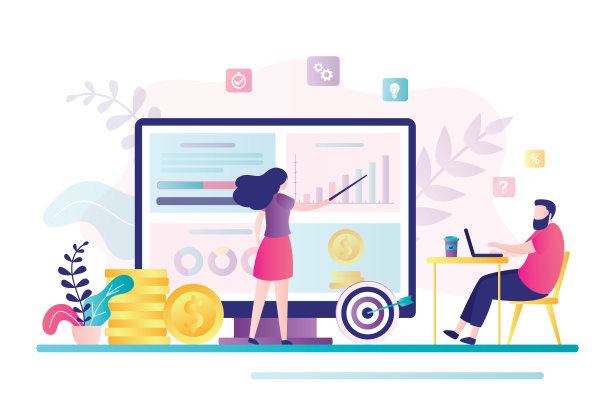 女性财务顾问在屏幕上为商人提供分析。男客户咨询投资思路，财务规划。图片下载